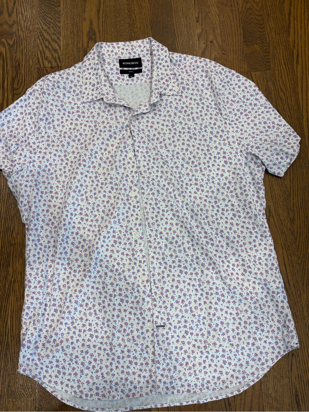Bonobos White Short-Sleeve Button-Down Shirt with Purple Floral Print